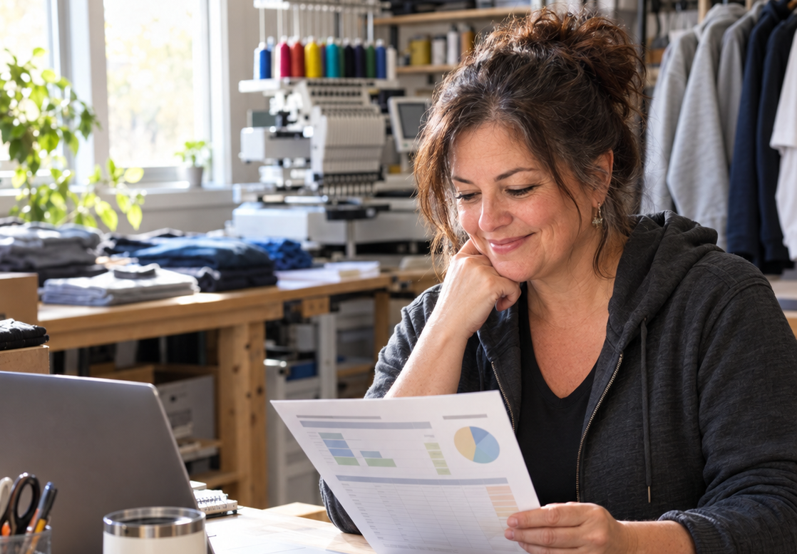Shop owner reviewing profit calculator with confidence